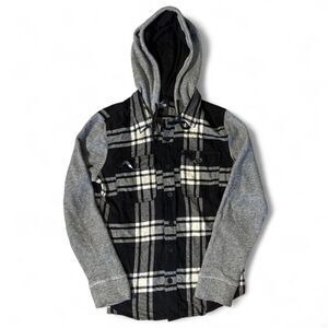 Hollister Hooded Flannel Shirt Jacket Black Plaid Grey Sleeves Y2K Grunge Size S